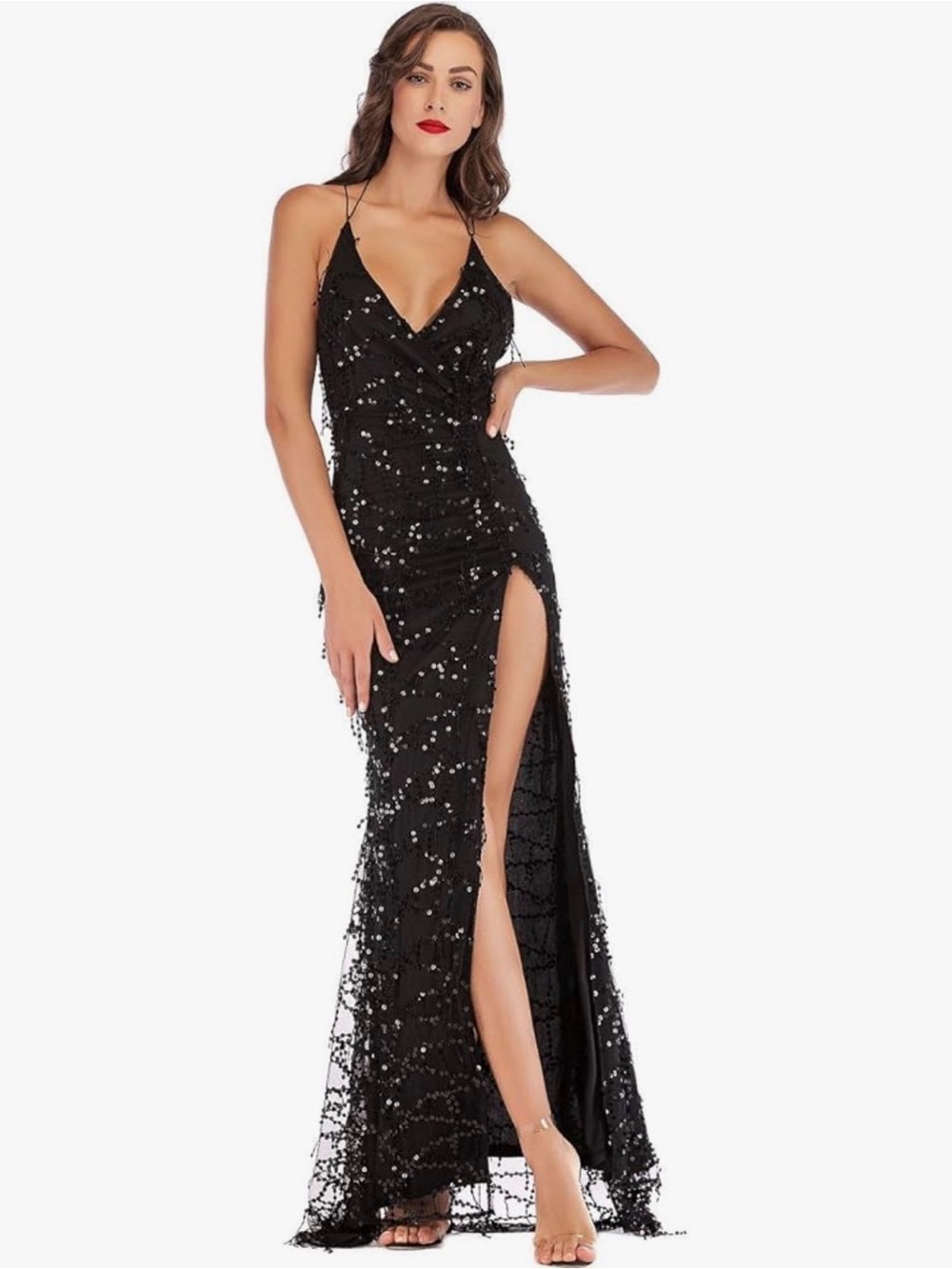 Sexy Black Sequin Maxi Dress S Backless V-Neck Split Evening Party Club Gown
